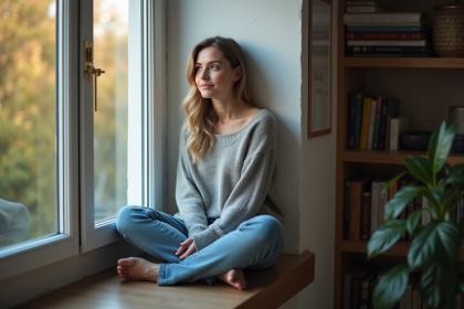Femme assise près d'une fenêtre dans un appartement cosy