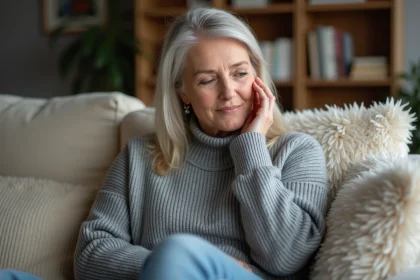 Femme d'&acirc;ge moyen se massant le visage dans un salon cosy