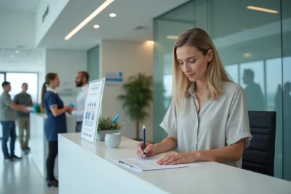 Femme d'âge moyen remplissant un document à la réception CPAM