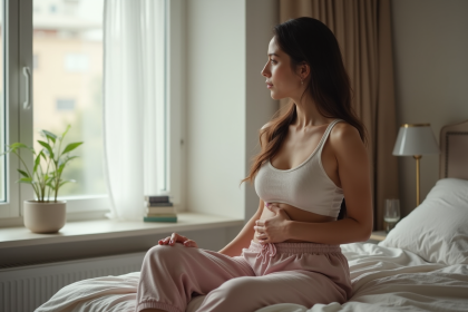 Femme assise sur le lit dans une chambre apaisante