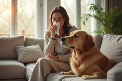 Femme sur le canapé avec un chien doré dans un salon lumineux