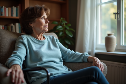 Femme retraitée regardant par la fenêtre dans un salon confortable