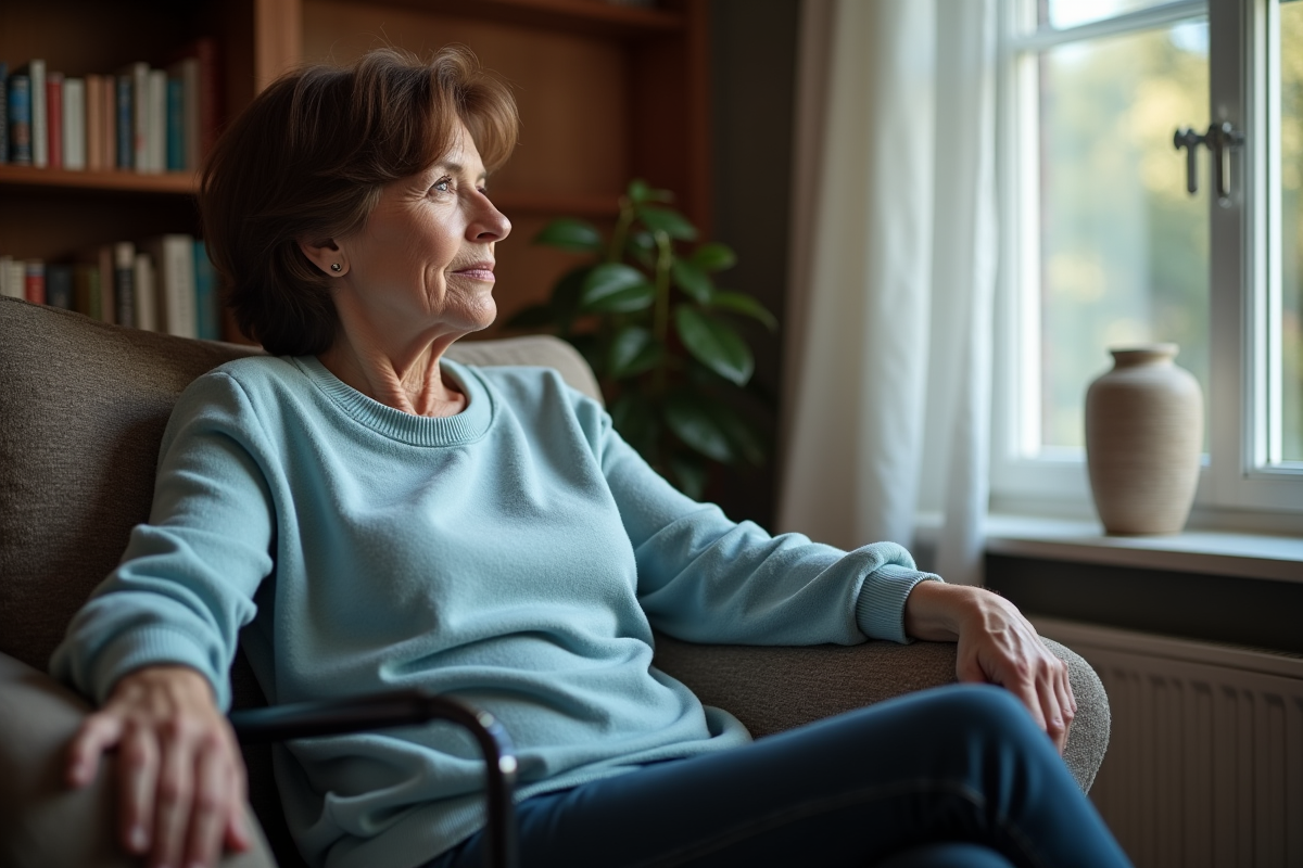 Femme retraitée regardant par la fenêtre dans un salon confortable