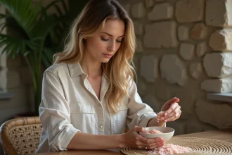 Femme versant du sel rose de l'Himalaya dans un bol en céramique