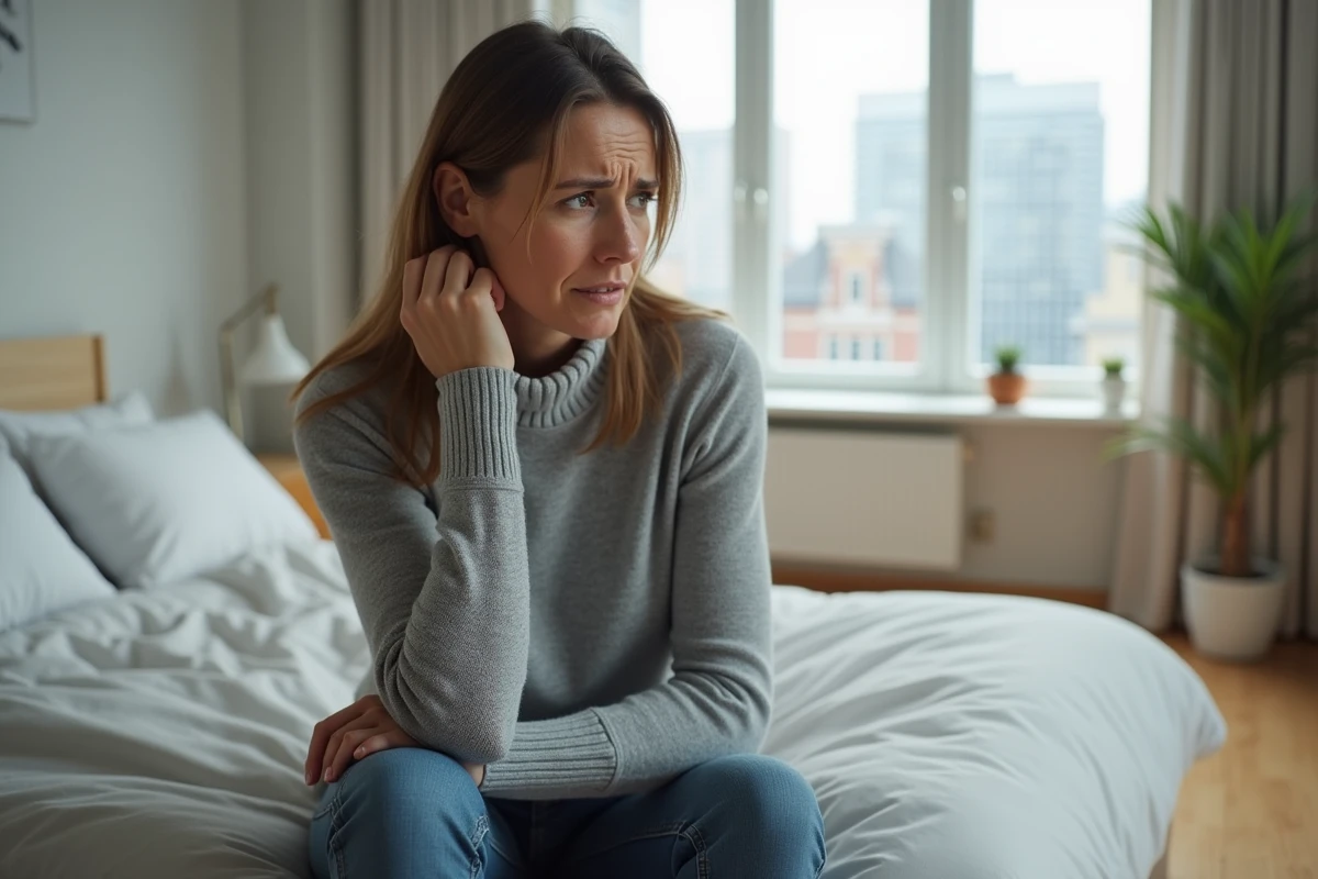 Femme en turtleneck gris dans une chambre moderne