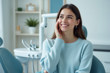 Femme inquiète touchant sa joue dans une clinique dentaire moderne
