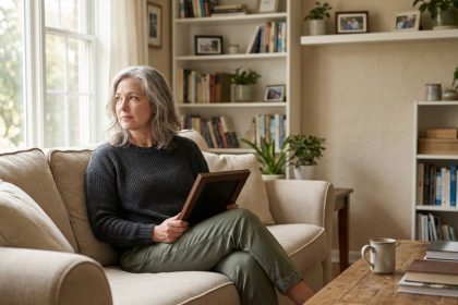 Femme assise sur un canapé avec photo en main