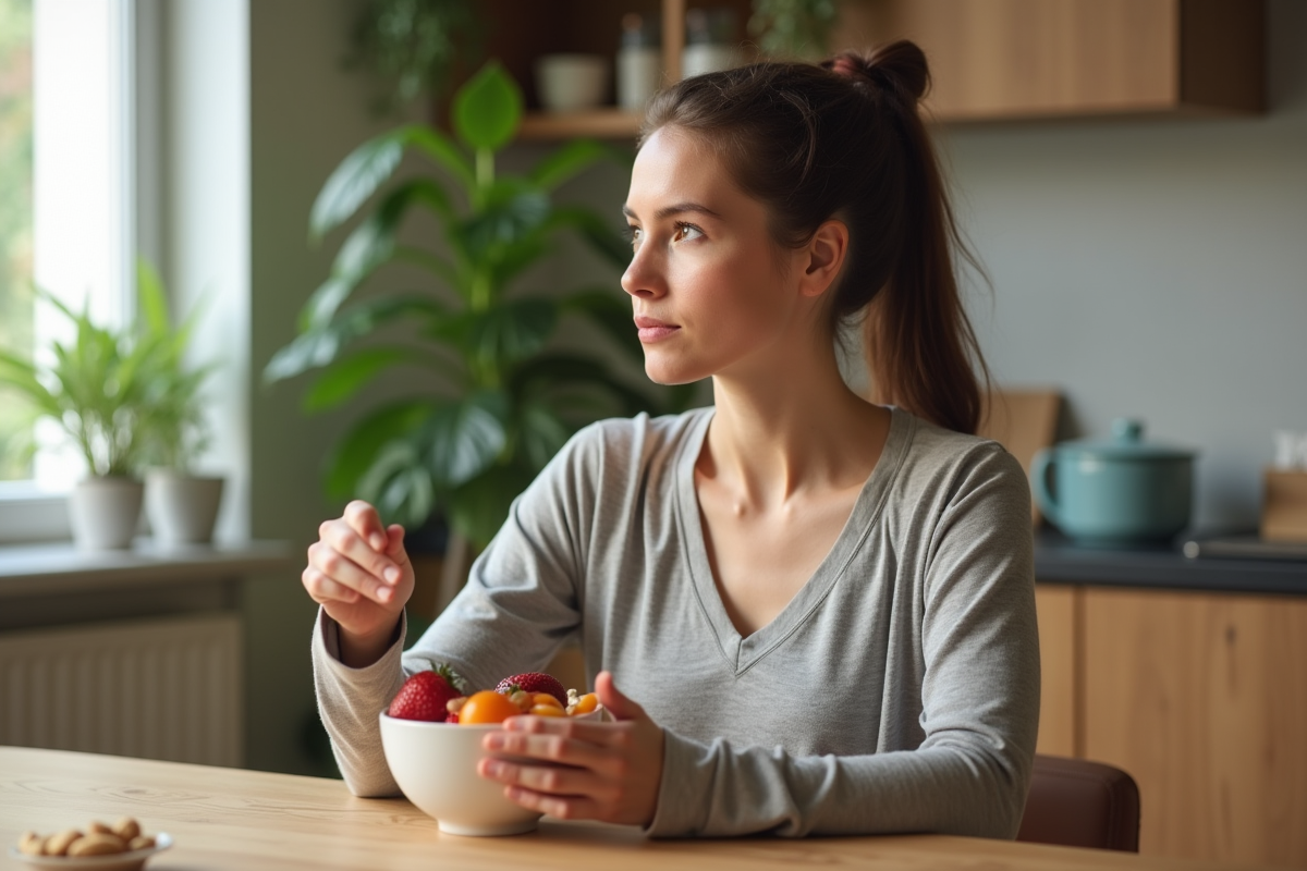 Jeune femme en tenue active mangeant des fruits frais
