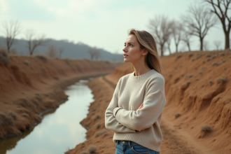 Femme contemplant un lit de rivière asséché dans un paysage de sécheresse