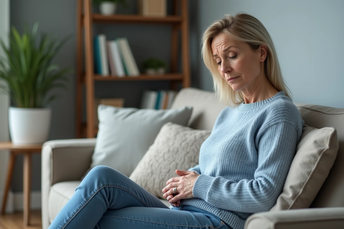 Femme assise sur un canapé dans un salon calme et moderne