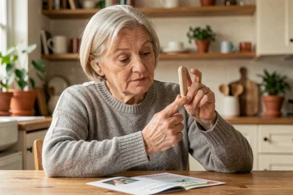 Femme senior portant un appareil auditif rechargeable Audika dans sa cuisine, comparant les offres sur une brochure
