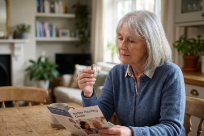 Femme senior avec aide auditive dans la main