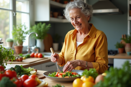 Femme senior souriante préparant un repas riche en vitamine B