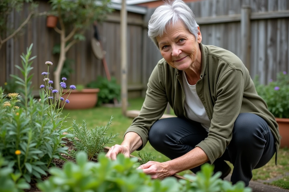 Femme senior récoltant des plantes médicinales dans son jardin pour préparer des remèdes naturels contre l'arthrose