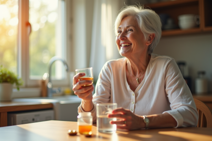 Femme senior souriante buvant de l'eau et vitamines