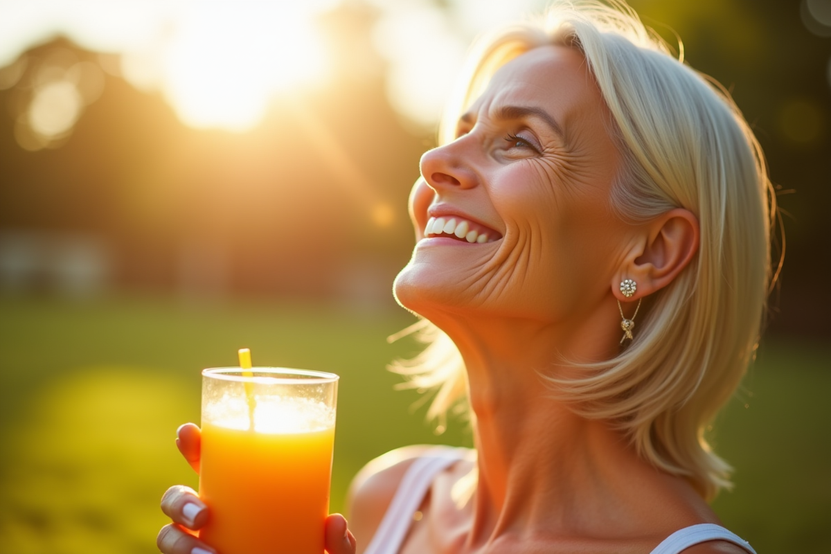 Femme souriante en plein air tenant un jus d'orange naturel