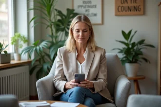 Femme d'âge moyen utilisant une application santé sur smartphone dans un bureau moderne