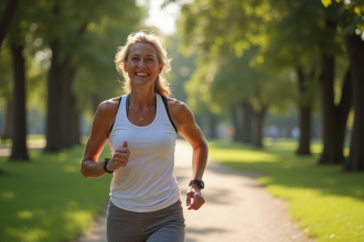 Femme souriante en tenue sportive dans un parc ensoleille