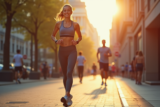 Femme sportive marchant dans la ville ensoleillee avec tracker