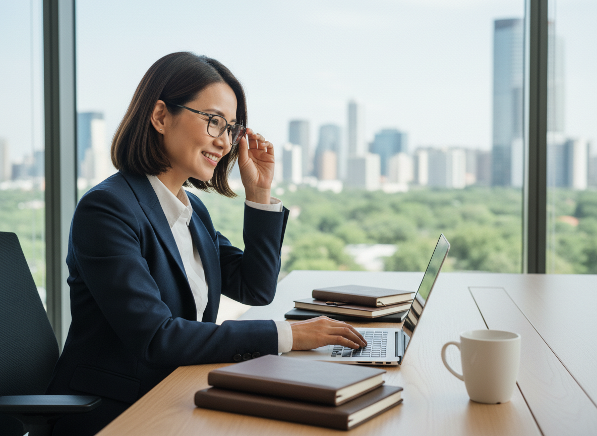 Femme en costume navy ajustant ses lunettes dans un bureau