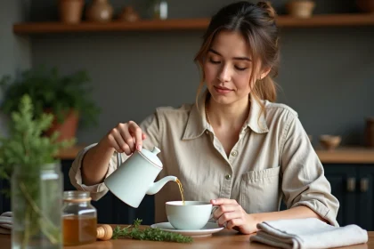 Femme versant du th&eacute; au thym dans une tasse en c&eacute;ramique