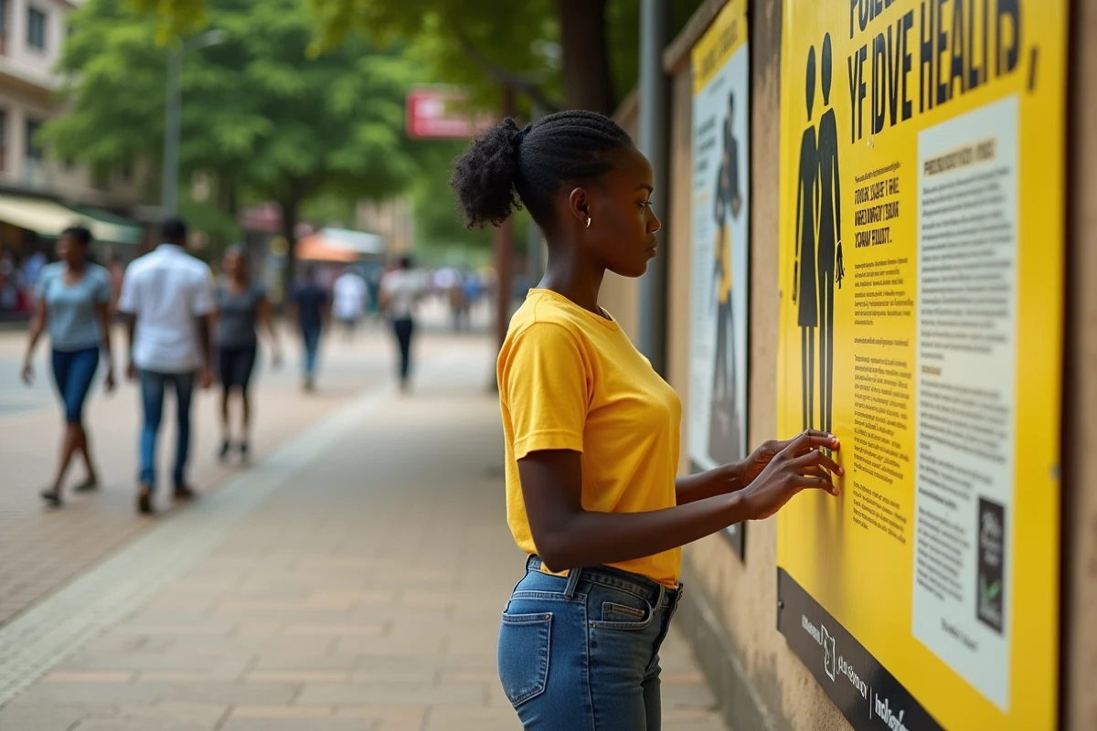 Jeune femme africaine lit une affiche de prevention jaune fever