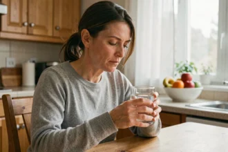 Femme buvant un verre d'eau à la maison pour préparer une prise de sang CDT