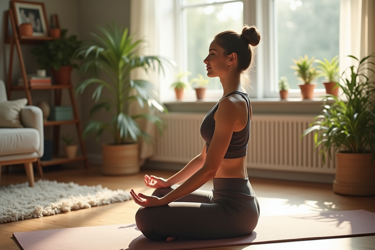 Femme pratiquant la respiration profonde dans un salon lumineux