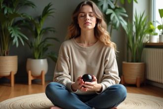 Femme méditant avec une pierre d'obsidienne dans un intérieur paisible