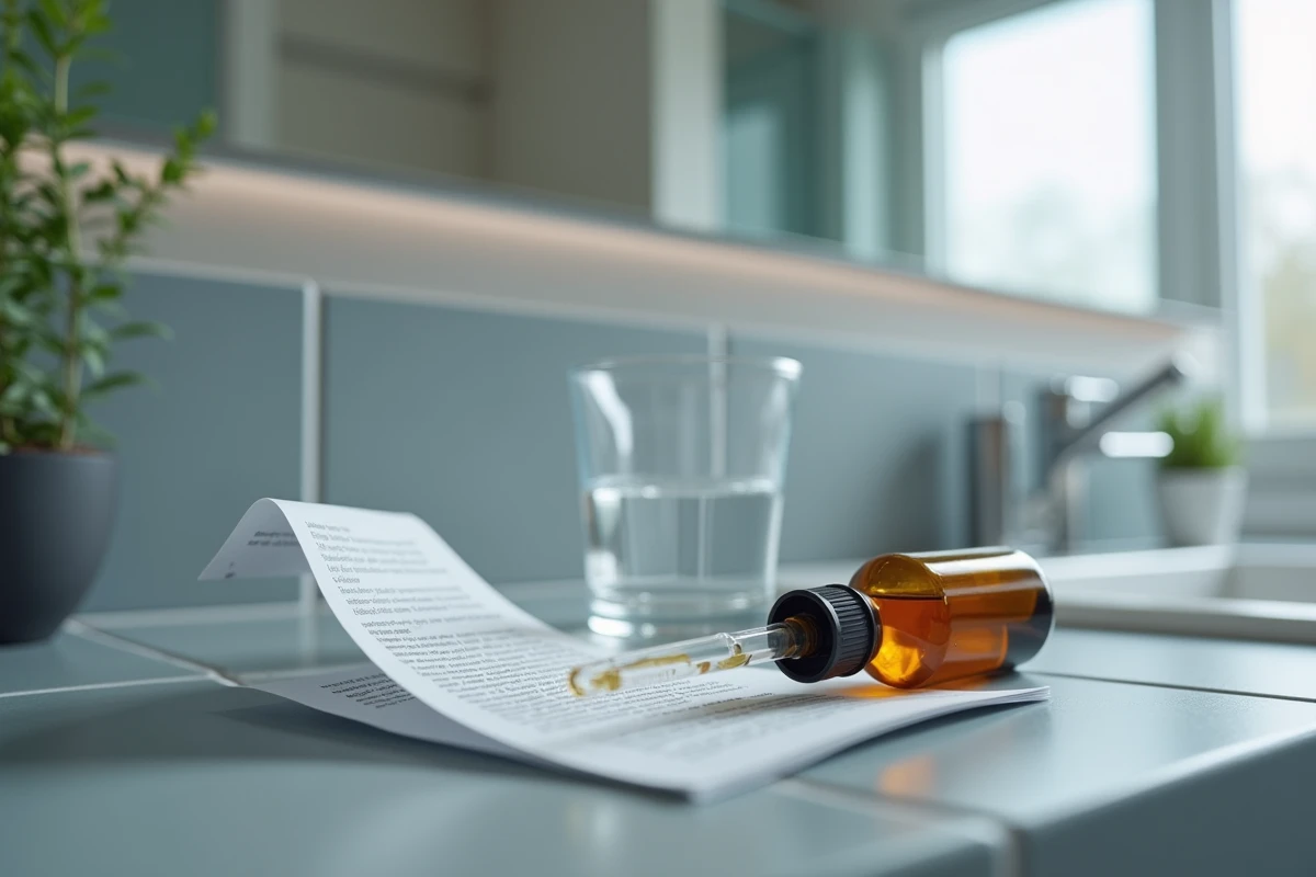 Flacon de gouttes médicamenteuses, pipette graduée et notice posologique sur une étagère de salle de bain