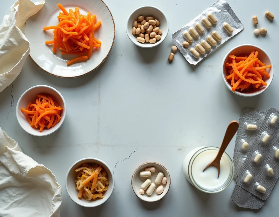 Vue aérienne de probiotiques naturels et compléments alimentaires pour réparer le microbiote intestinal après antibiotiques