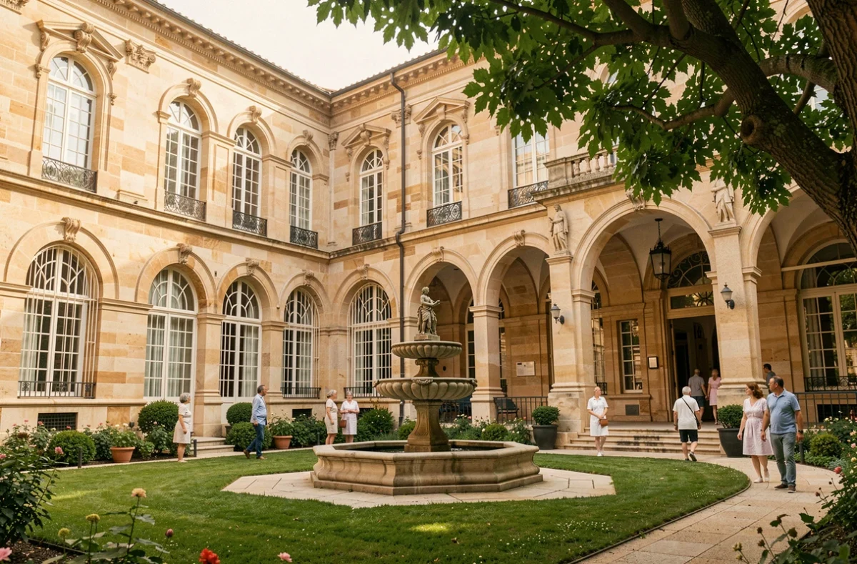 Fondation Hôpital Saint-Joseph à Marseille 8e, façade historique en pierre avec jardin intérieur