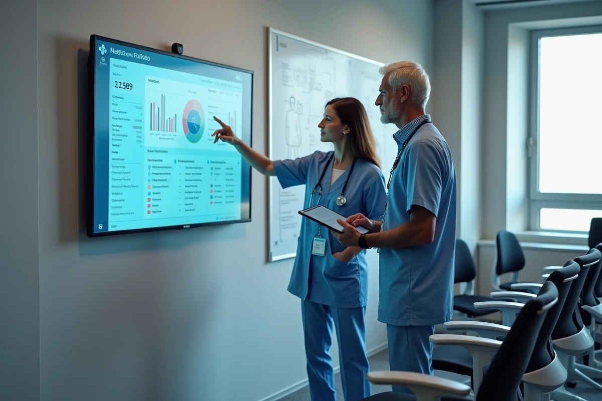 Deux professionnels de santé consultant ensemble le tableau de bord du portail Medisys dans une salle de formation hospitalière
