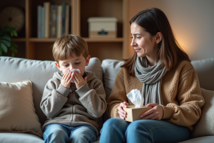 Jeune garçon malade assis avec sa mère sur le sofa