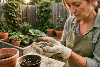 Jardinière examinant des graines de potimarron dans sa main gantée au-dessus d'un établi de jardinage en bois