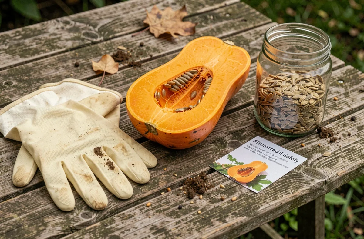 Vue en plongée d'une courge potimarron coupée en deux avec ses graines, des gants de jardinage et une fiche d'information sur la sécurité