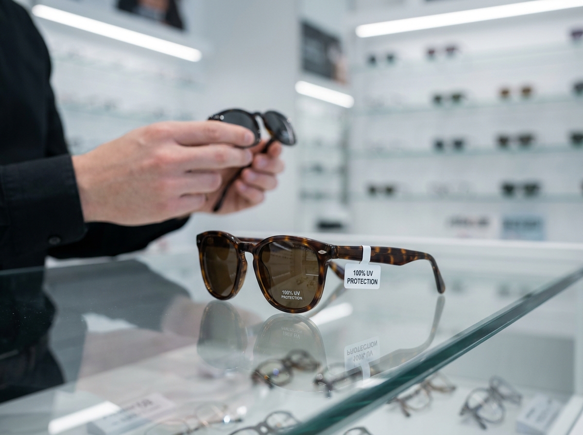 Gros plan sur une paire de lunettes de soleil posée sur un comptoir de boutique avec étiquette de protection UV visible