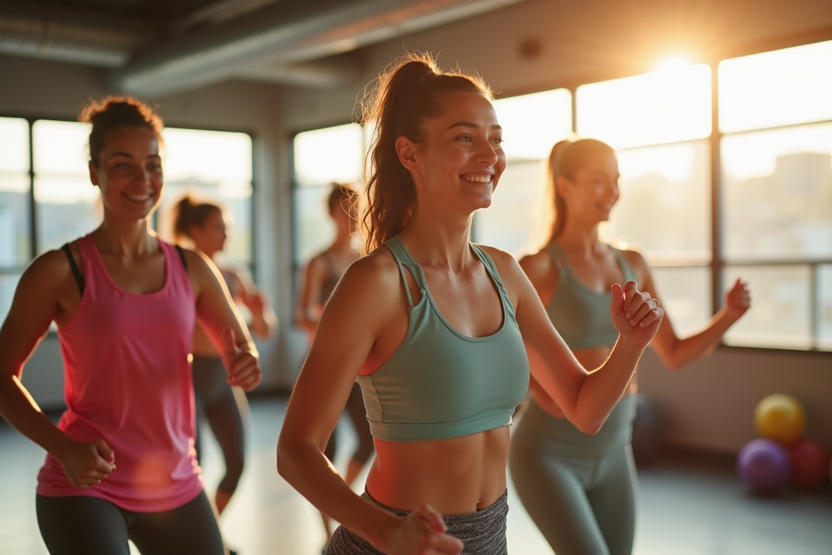 Groupe de mamans faisant des exercices en salle lumineuse