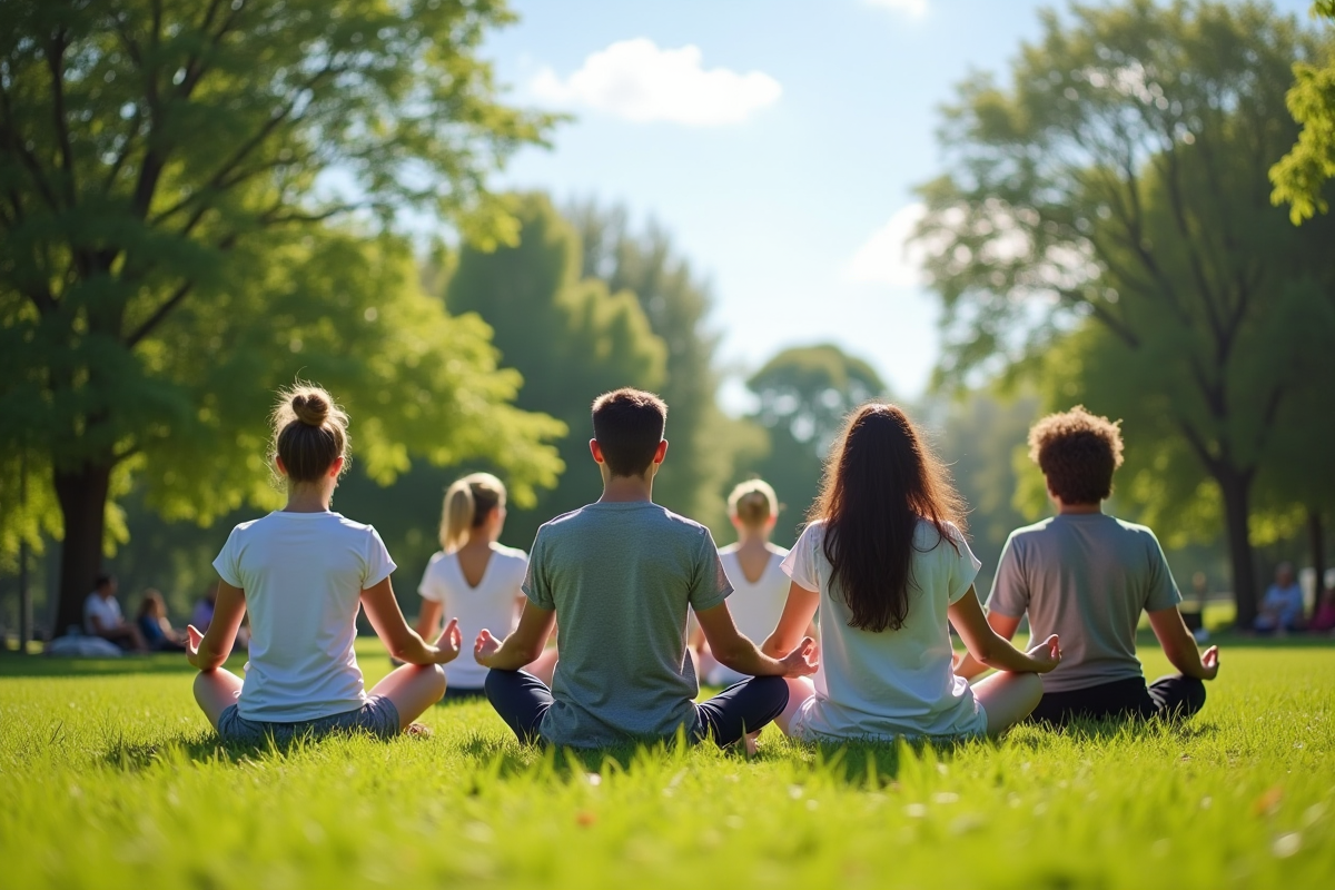 Groupe de personnes méditant dans un parc ensoleille