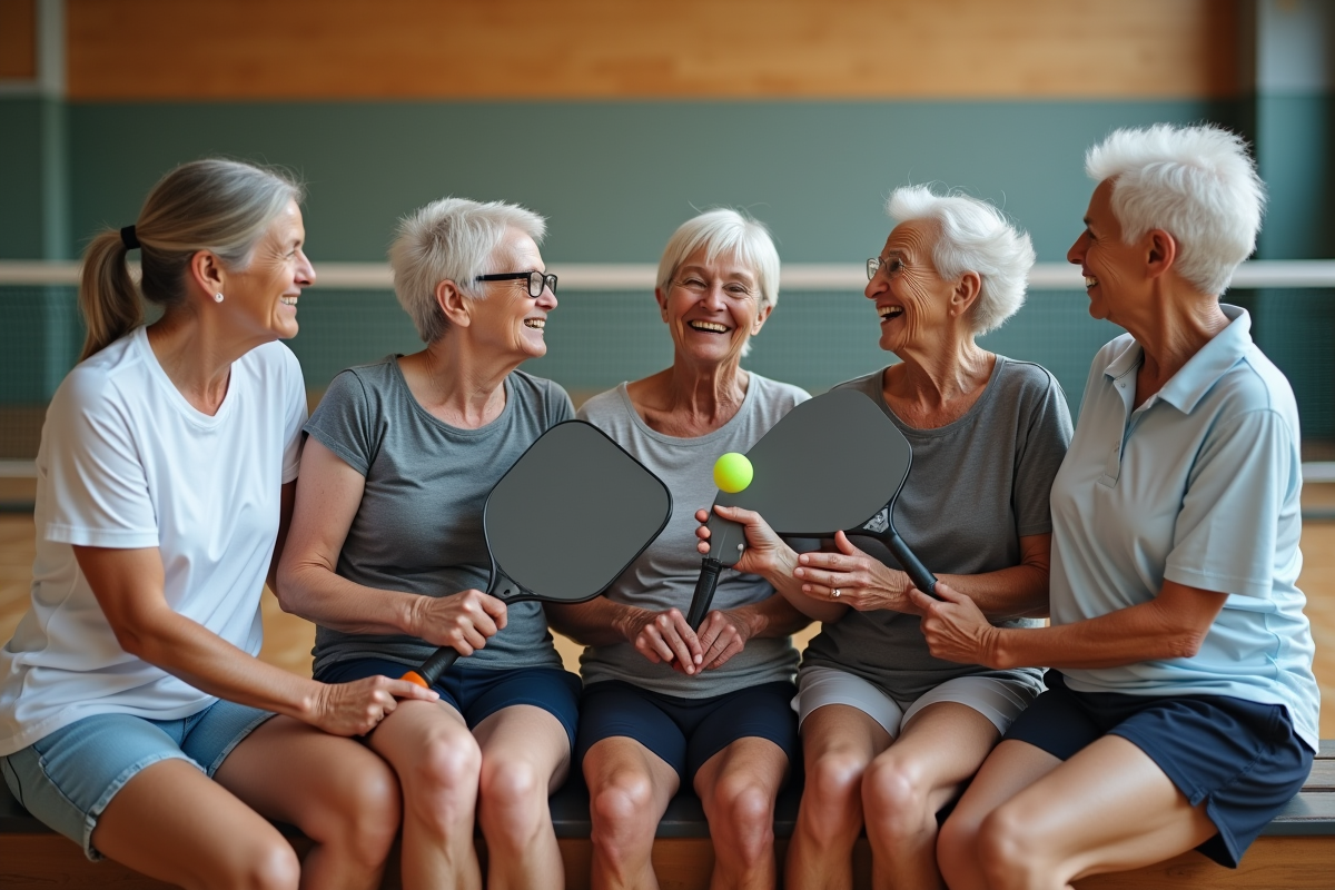 Groupe de seniors souriants après un match de pickleball en intérieur