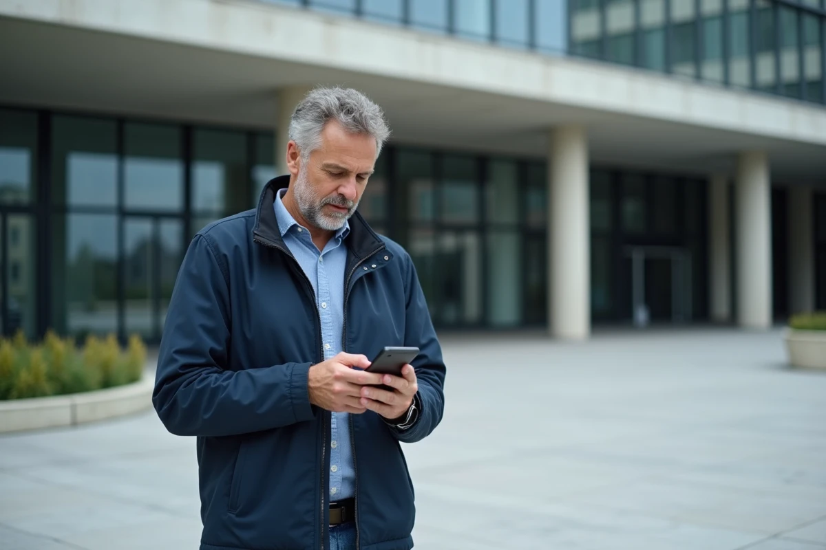 Homme cherchant l'adresse de la CPAM Lyon sur son smartphone devant un bâtiment administratif
