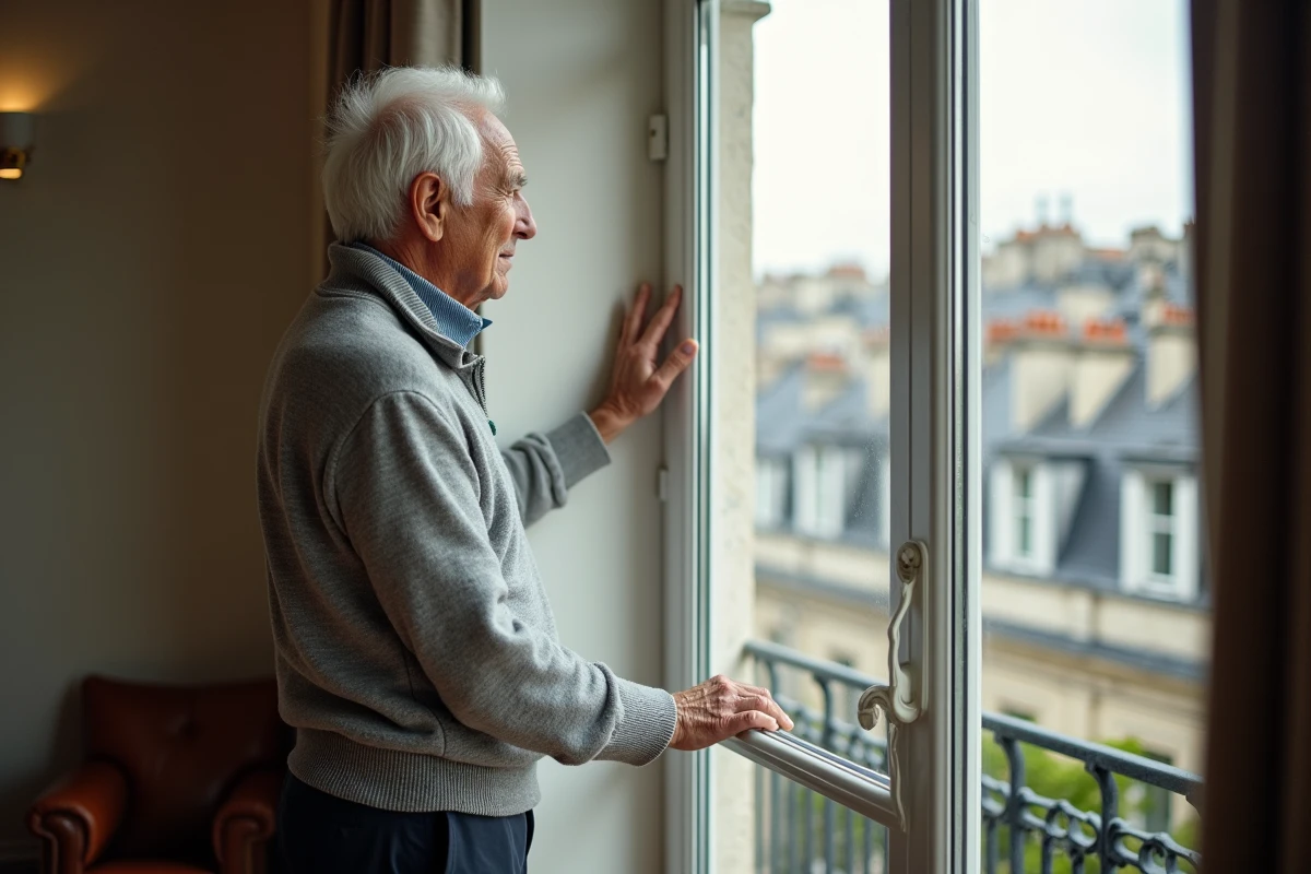 Homme âgé contemplant Paris depuis la fenêtre de son appartement haussmannien, atmosphère introspective liée à la santé et au vieillissement