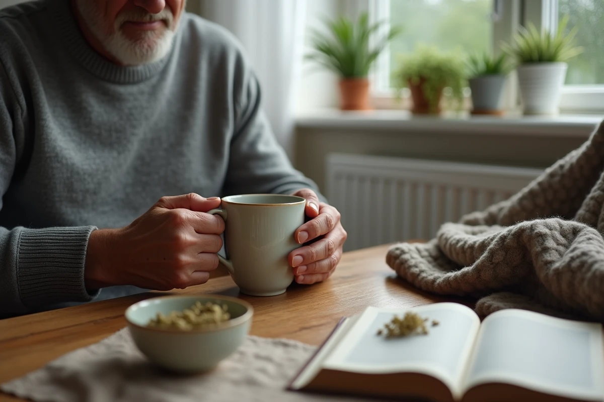Homme âgé aux mains arthritiques tenant une tasse de tisane aux plantes pour soulager l'arthrose près d'une fenêtre pluvieuse