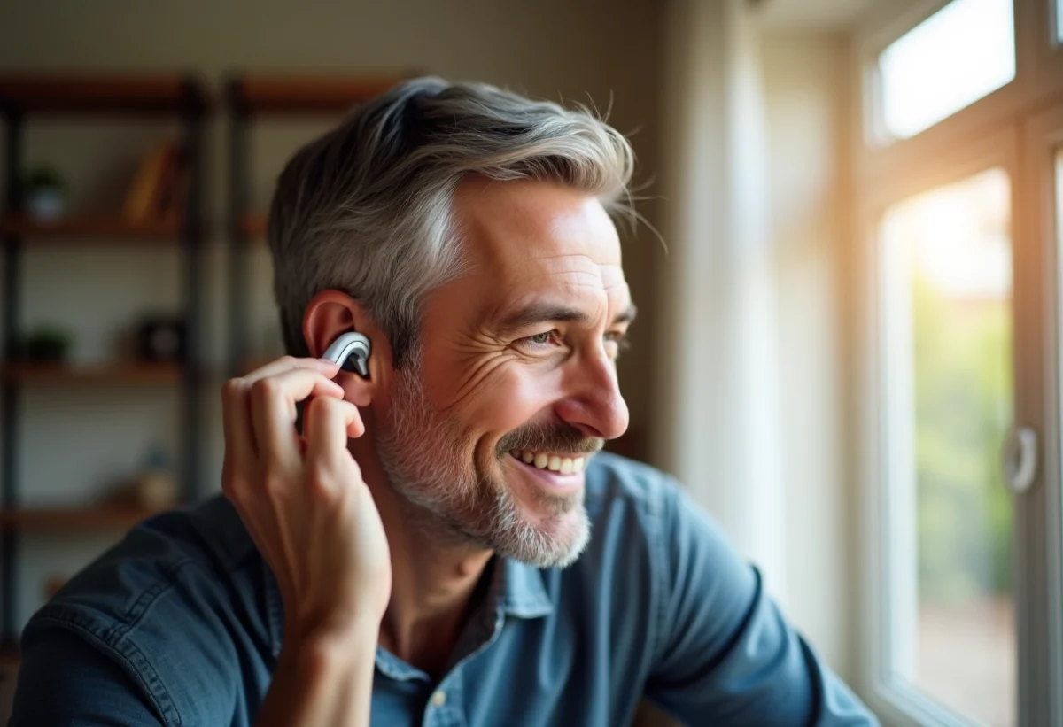 Homme d'âge moyen souriant ajustant un aide auditive moderne à la maison