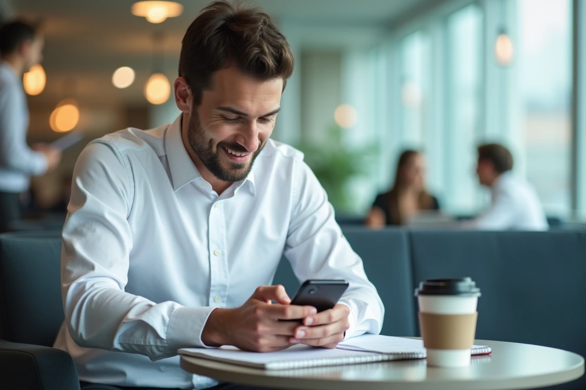 Homme consultant une page d'aide du portail Medisys sur smartphone dans un espace administratif médical