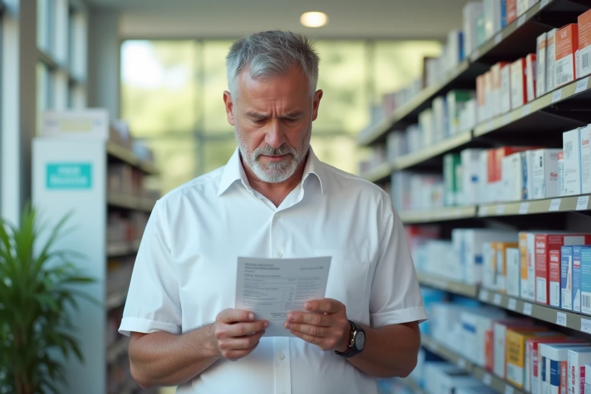 Homme lisant un dépliant sur la santé de la gorge dans une pharmacie