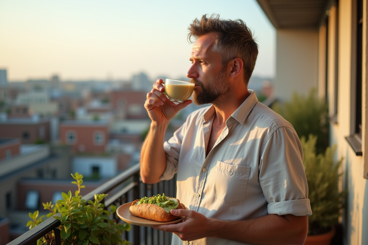 Homme dégustant une tisane sur un balcon urbain