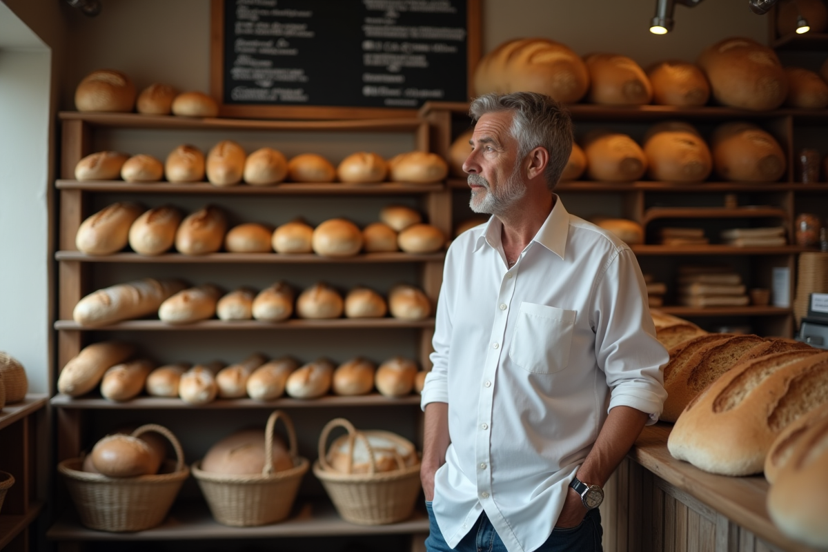 Homme dans une boulangerie regardant des pains frais