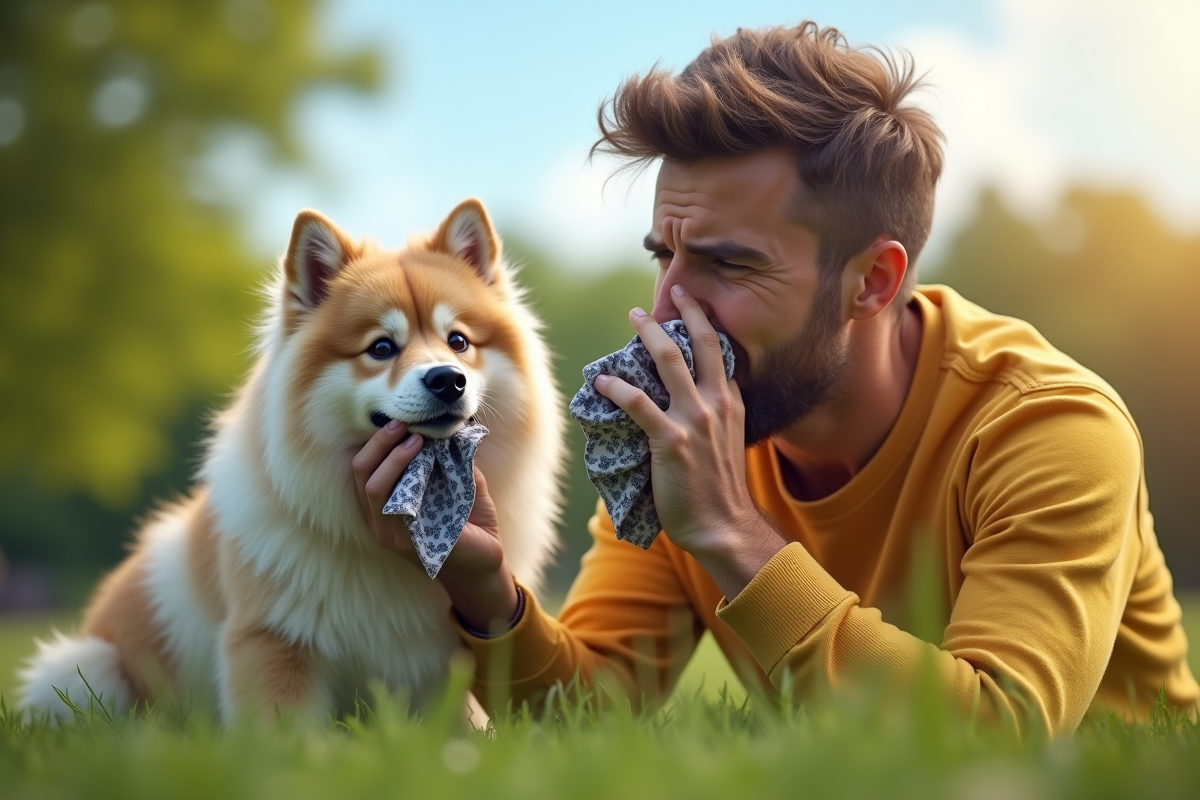 Homme caressant un chien dans un parc en plein jour