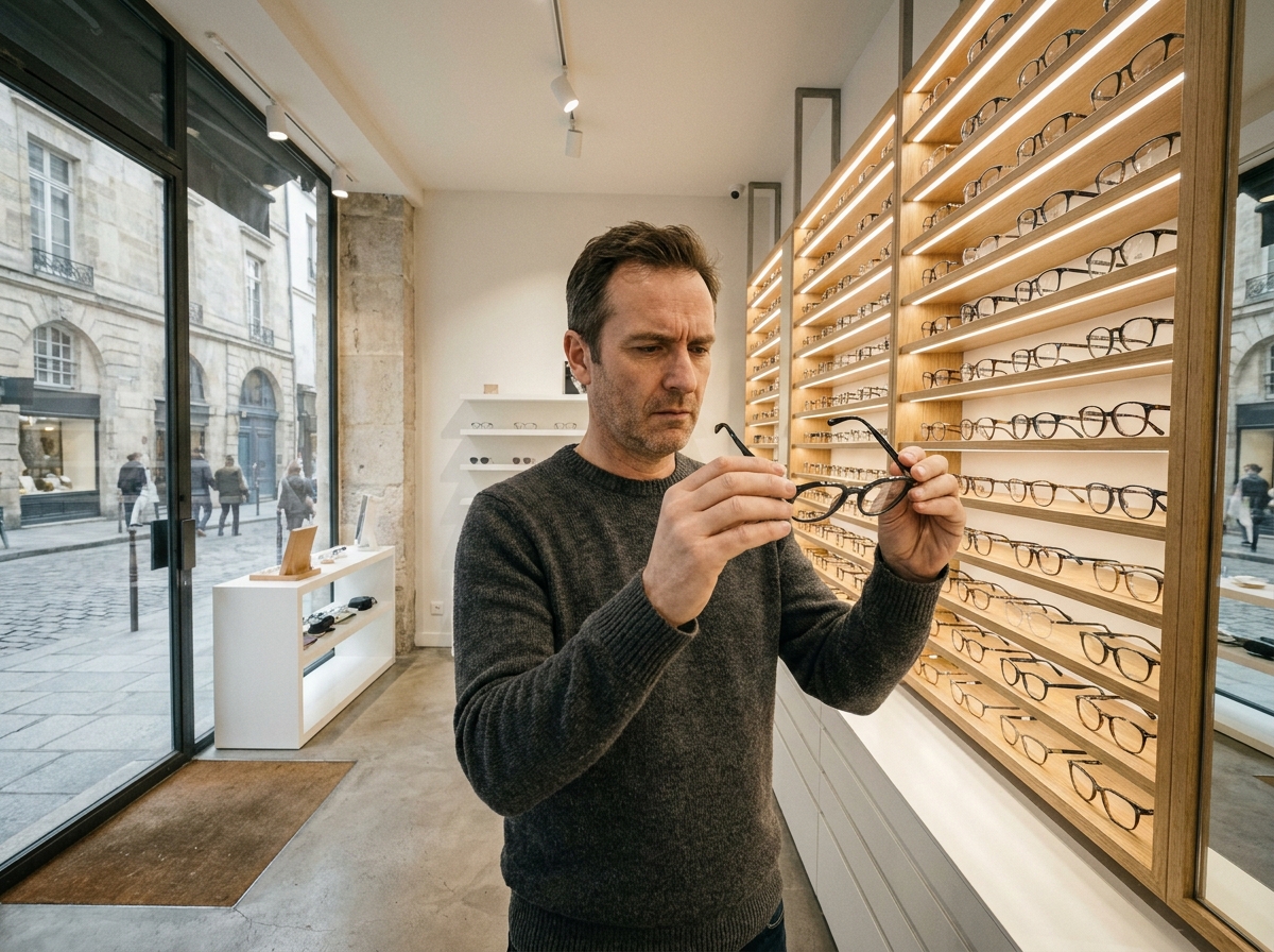Homme comparant des montures de lunettes dans une boutique d'optique moderne à Saint-Étienne